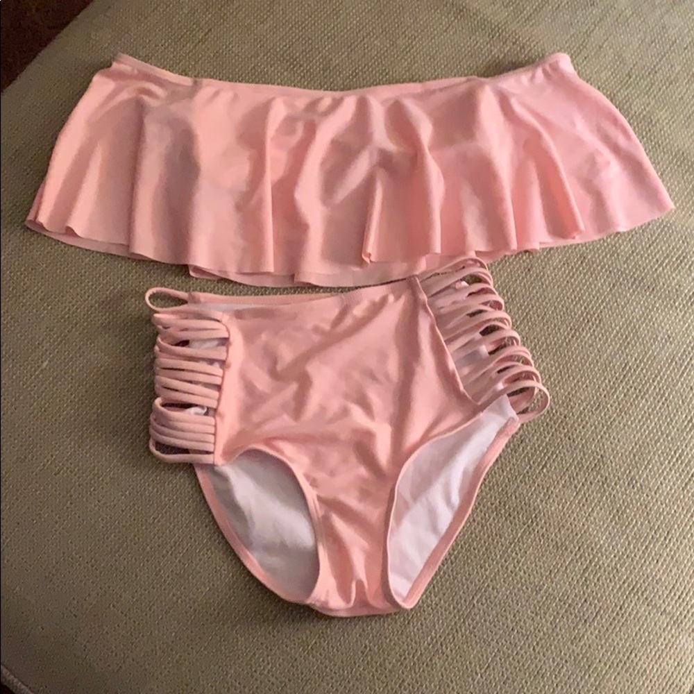 High waisted off the shoulder bathing suit.